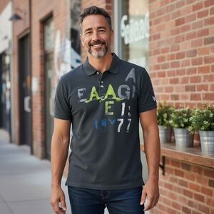 American Eagle Outfitters Men's Charcoal Graphic Polo